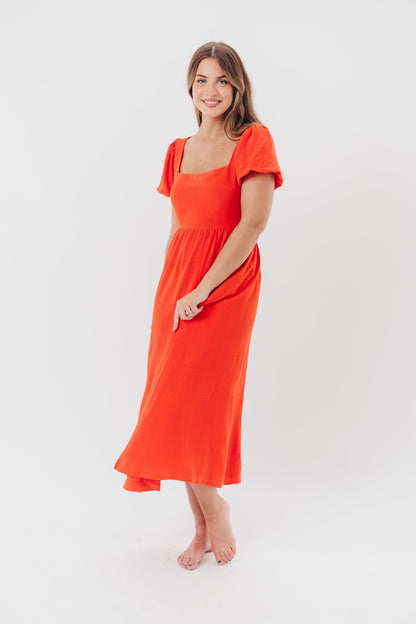 Ainsley Square Neck Midi Dress with Puffed Sleeves in Red Poppy - Bump Friendly & Inclusive Sizing (S-3XL)