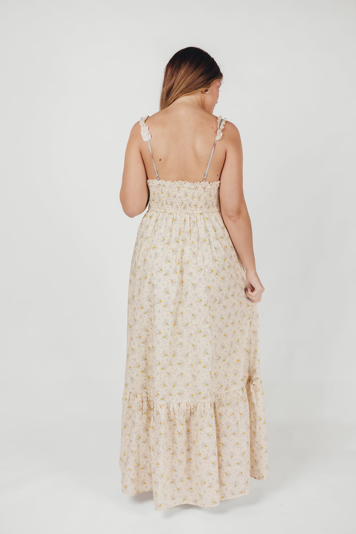 Penelope Cotton Maxi Dress with Ruffle Accents in Creme Floral