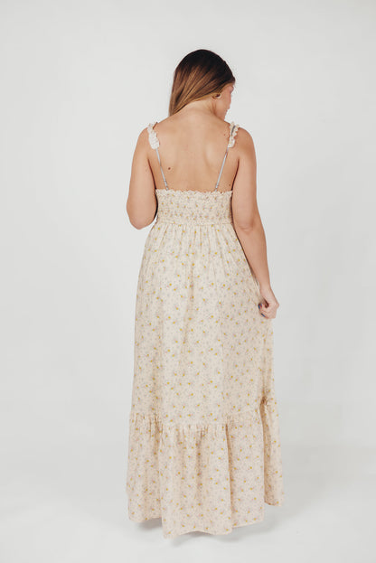 Penelope Cotton Maxi Dress with Ruffle Accents in Creme Floral