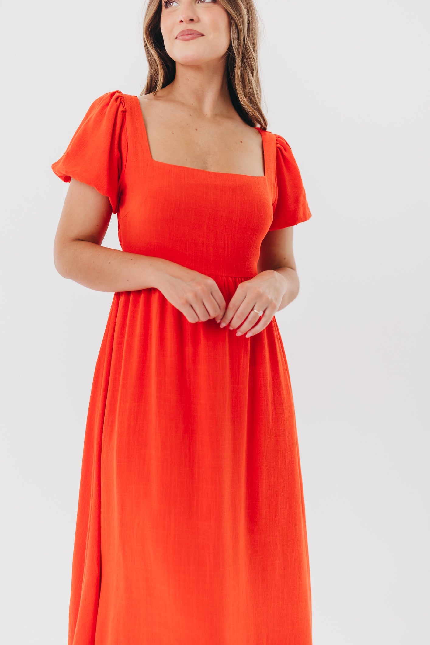 Ainsley Square Neck Midi Dress with Puffed Sleeves in Red Poppy - Bump Friendly & Inclusive Sizing (S-3XL)