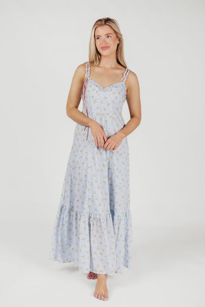 Penelope Cotton Maxi Dress with Ruffle Accents in Powder Blue Floral