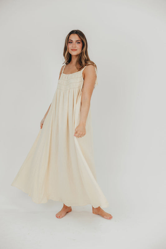 Almeria Smocked Maxi Dress with Self-Tie Straps in Natural - Bump Friendly