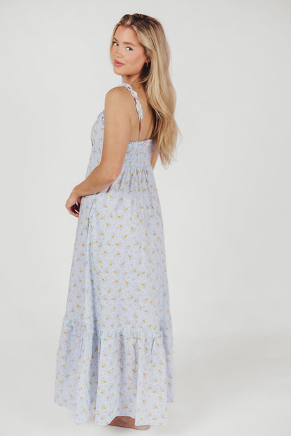 Penelope Cotton Maxi Dress with Ruffle Accents in Powder Blue Floral