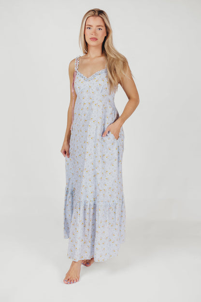 Penelope Cotton Maxi Dress with Ruffle Accents in Powder Blue Floral