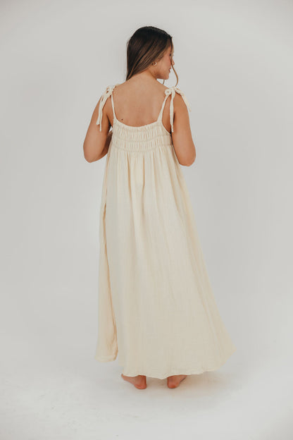 Almeria Smocked Maxi Dress with Self-Tie Straps in Natural - Bump Friendly