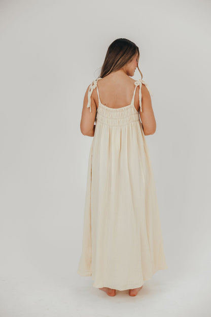 Almeria Smocked Maxi Dress with Self-Tie Straps in Natural - Bump Friendly