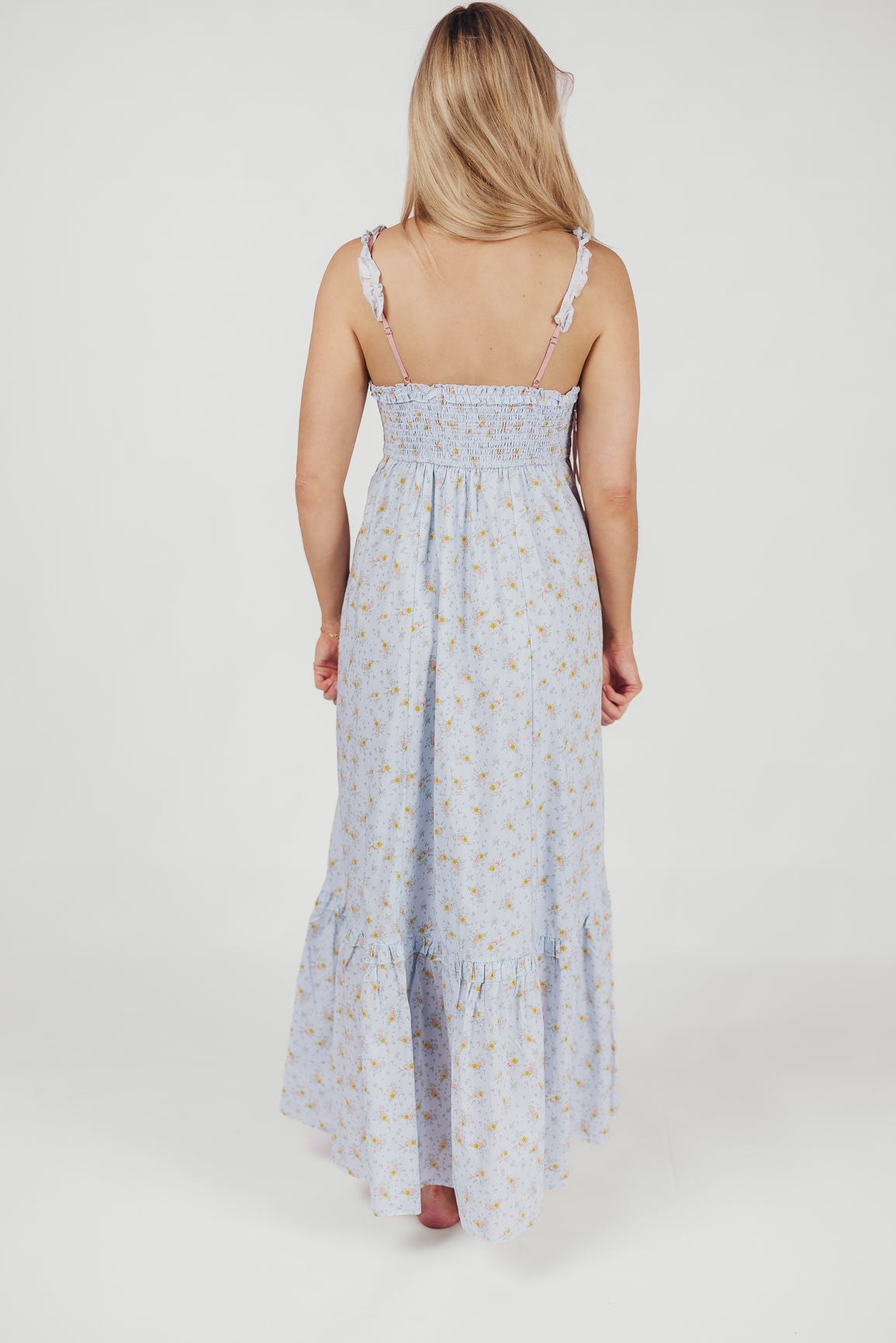 Penelope Cotton Maxi Dress with Ruffle Accents in Powder Blue Floral