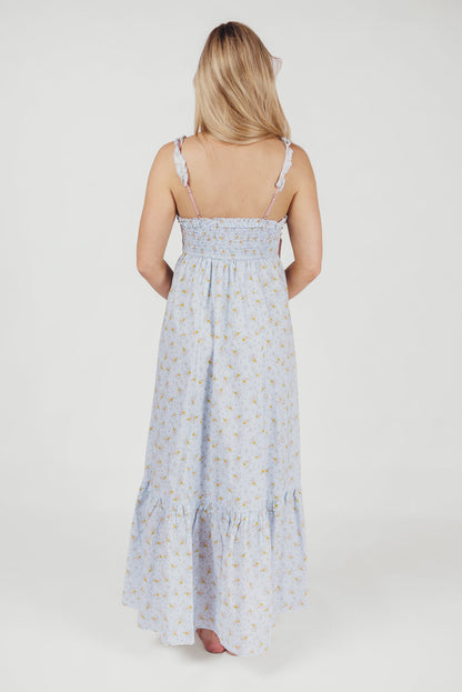 Penelope Cotton Maxi Dress with Ruffle Accents in Powder Blue Floral