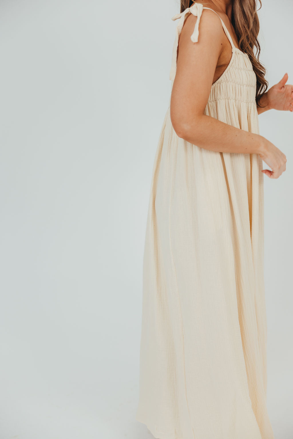 Almeria Smocked Maxi Dress with Self-Tie Straps in Natural - Bump Friendly