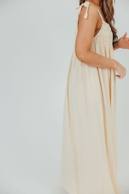 Almeria Smocked Maxi Dress with Self-Tie Straps in Natural - Bump Friendly