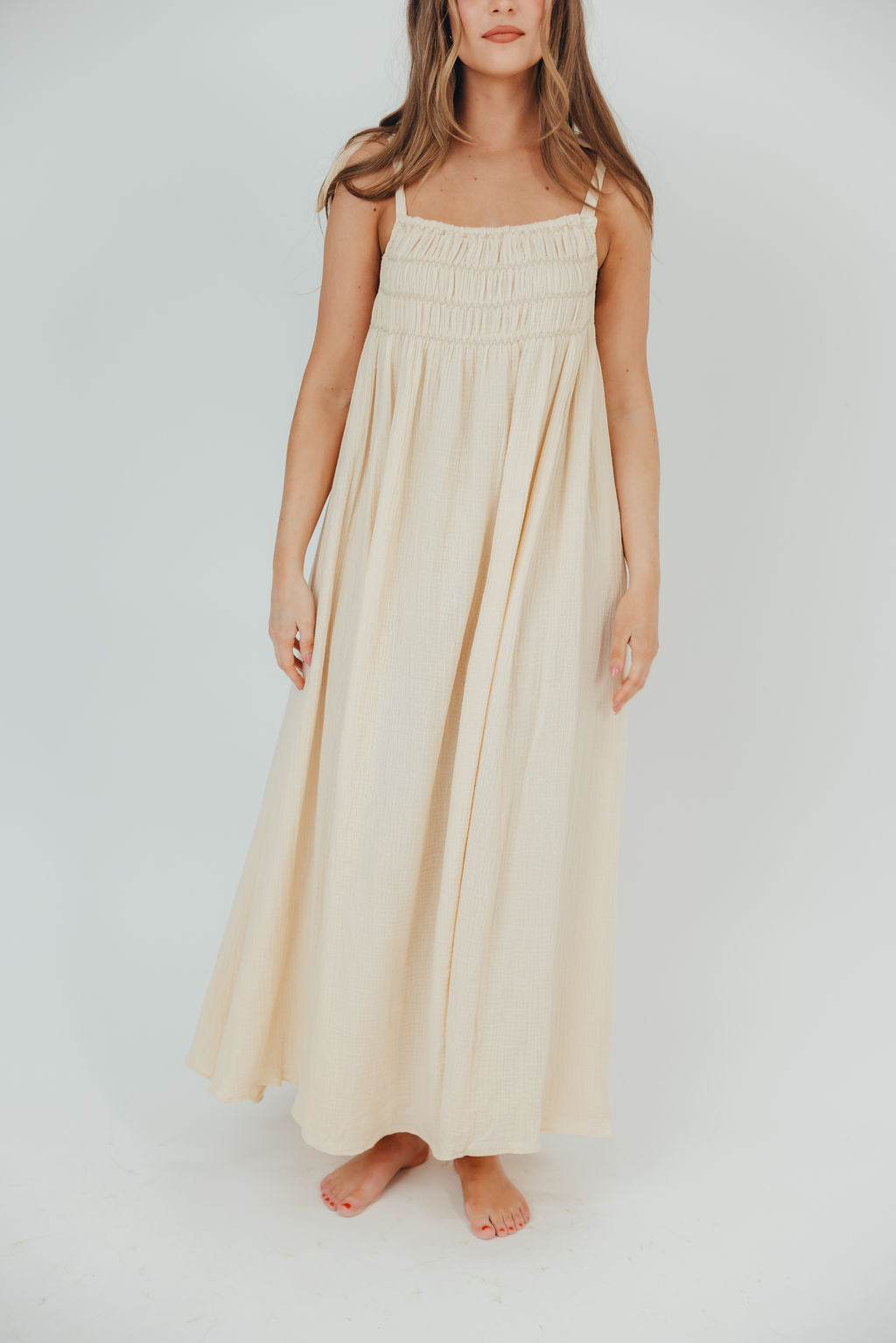 Almeria Smocked Maxi Dress with Self-Tie Straps in Natural - Bump Friendly