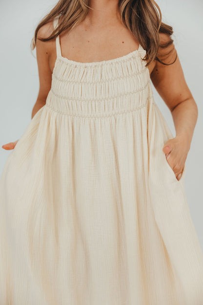 Almeria Smocked Maxi Dress with Self-Tie Straps in Natural - Bump Friendly