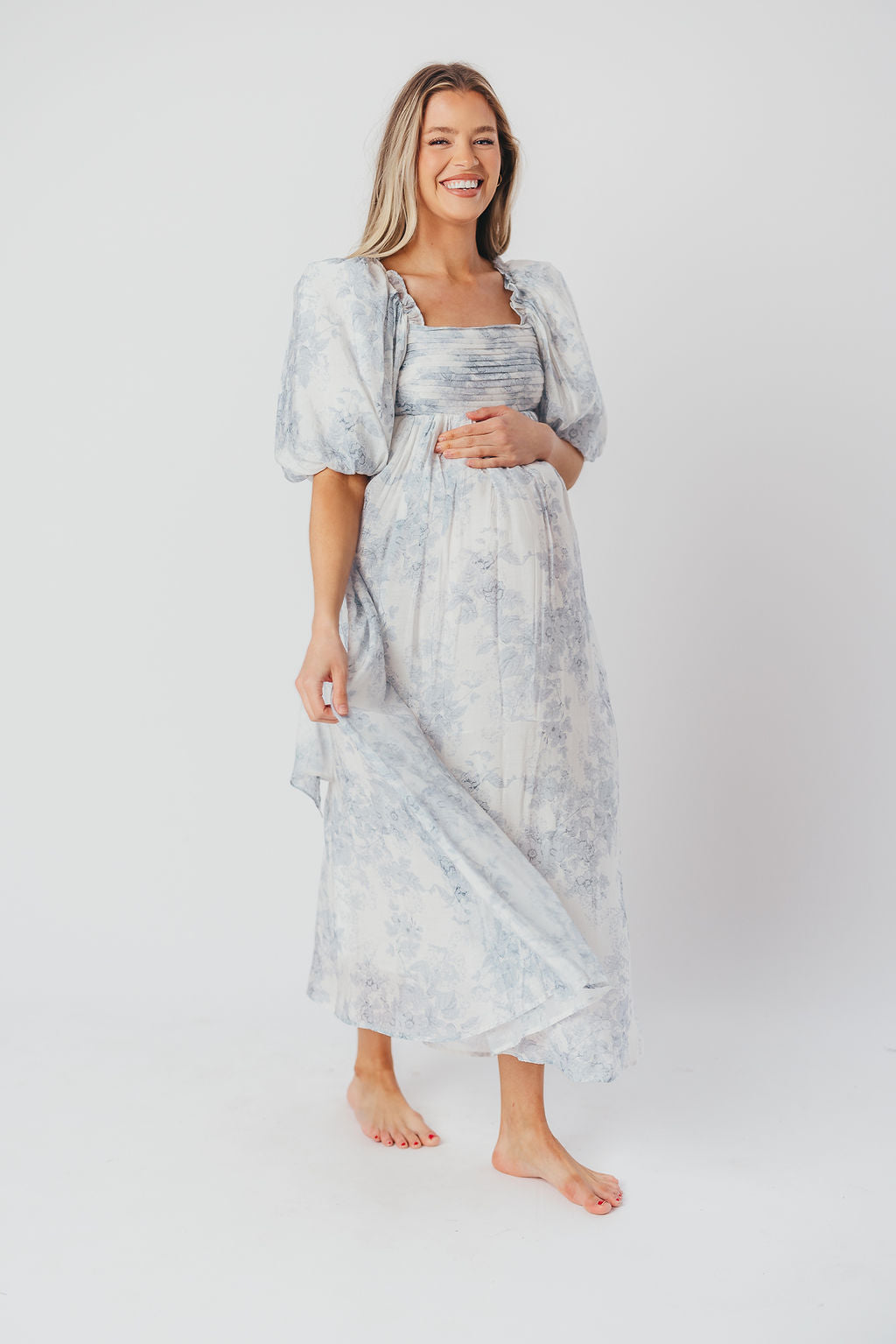 Melody Maxi Dress with Pleats and Bow Detail in Blue Floral - Bump Friendly & Inclusive Sizing (S-3XL) Restocking Early August