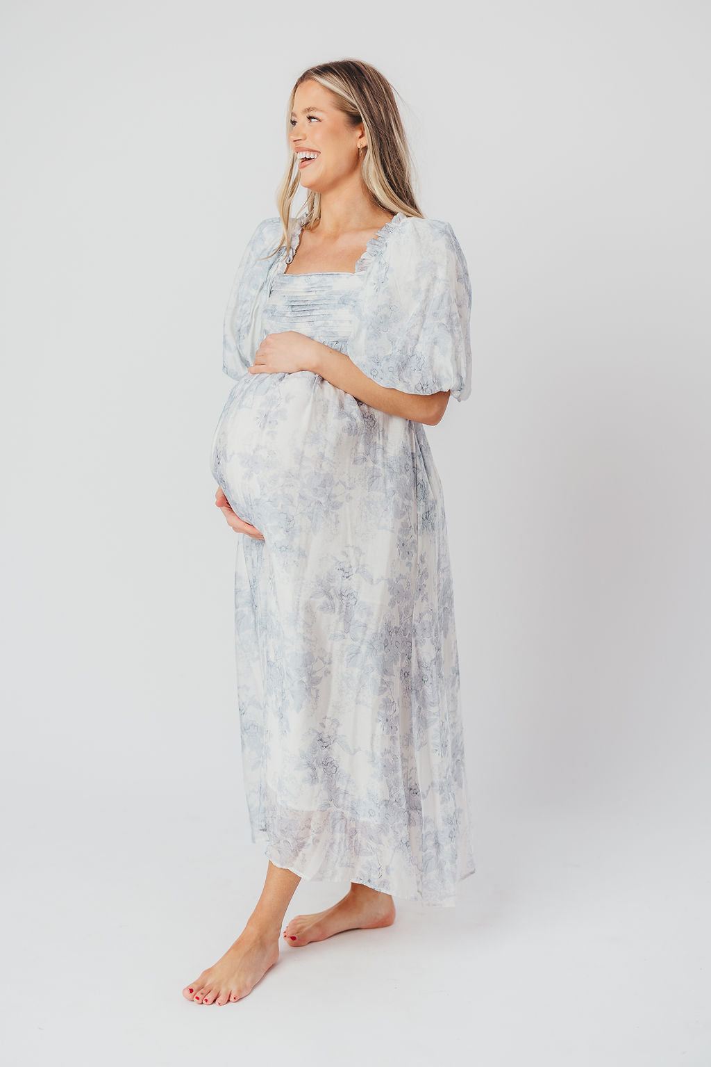 Melody Maxi Dress with Pleats and Bow Detail in Blue Floral - Bump Friendly & Inclusive Sizing (S-3XL) Restocking Early August