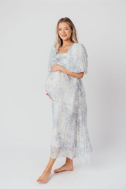 Melody Maxi Dress with Pleats and Bow Detail in Blue Floral - Bump Friendly & Inclusive Sizing (S-3XL) Restocking Early August