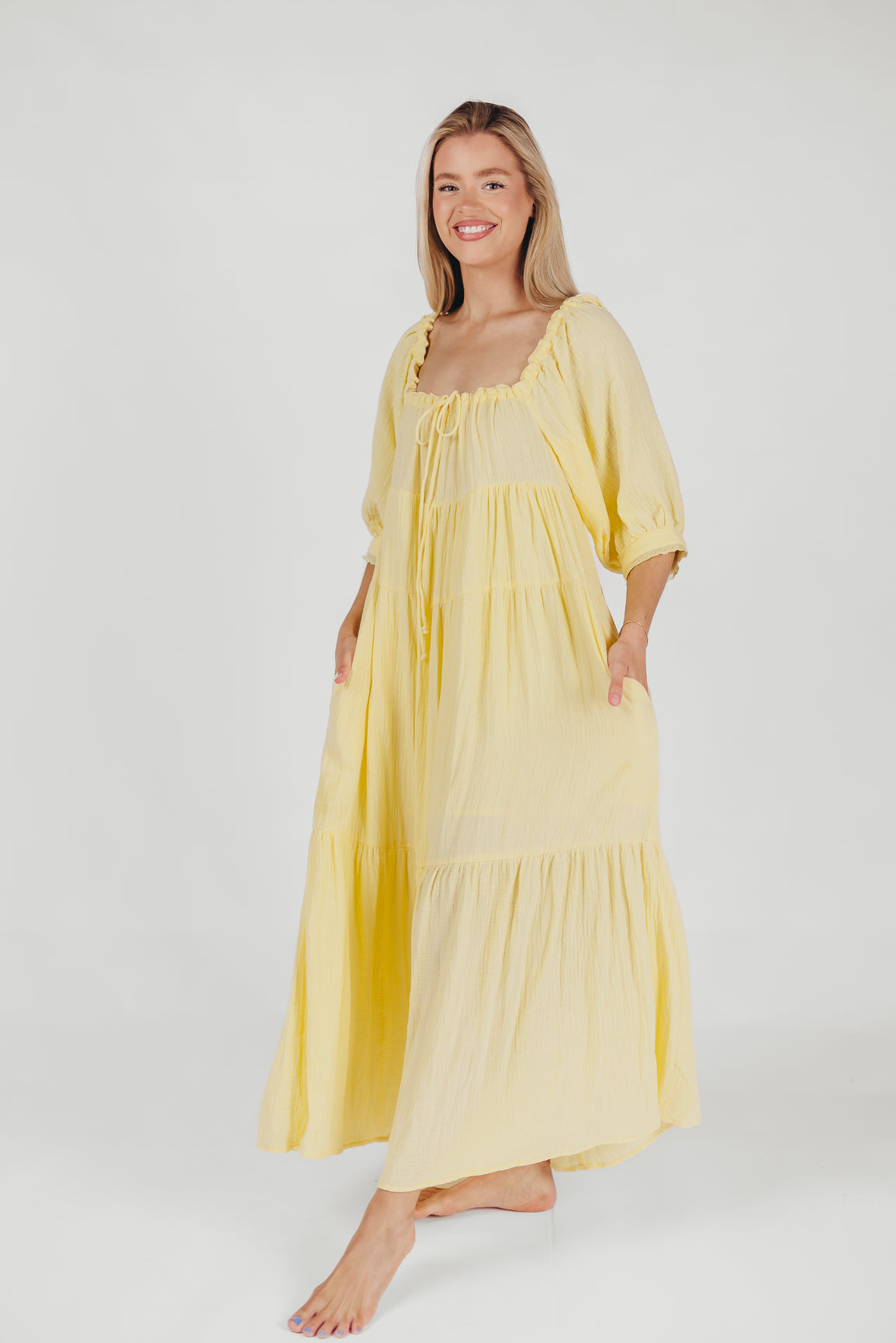 Goddess 100% Cotton Babydoll Maxi Dress in Light Yellow