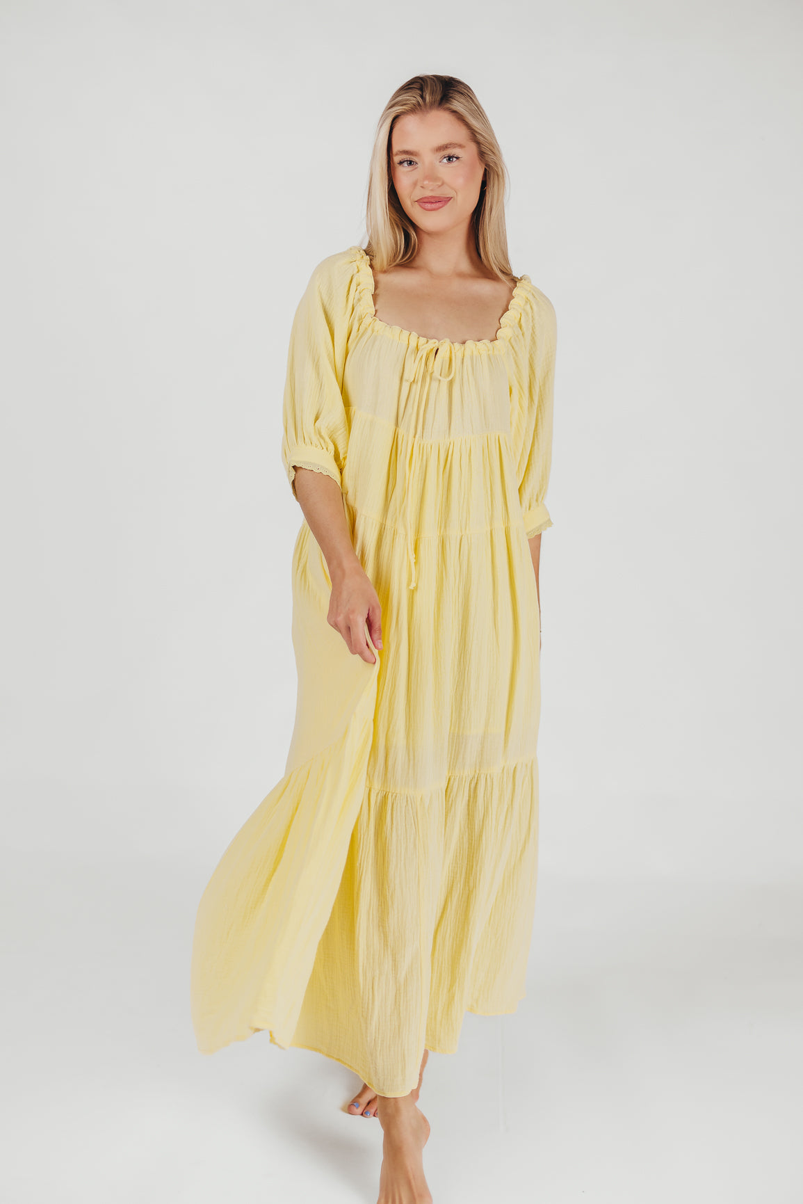 Goddess 100% Cotton Babydoll Maxi Dress in Light Yellow