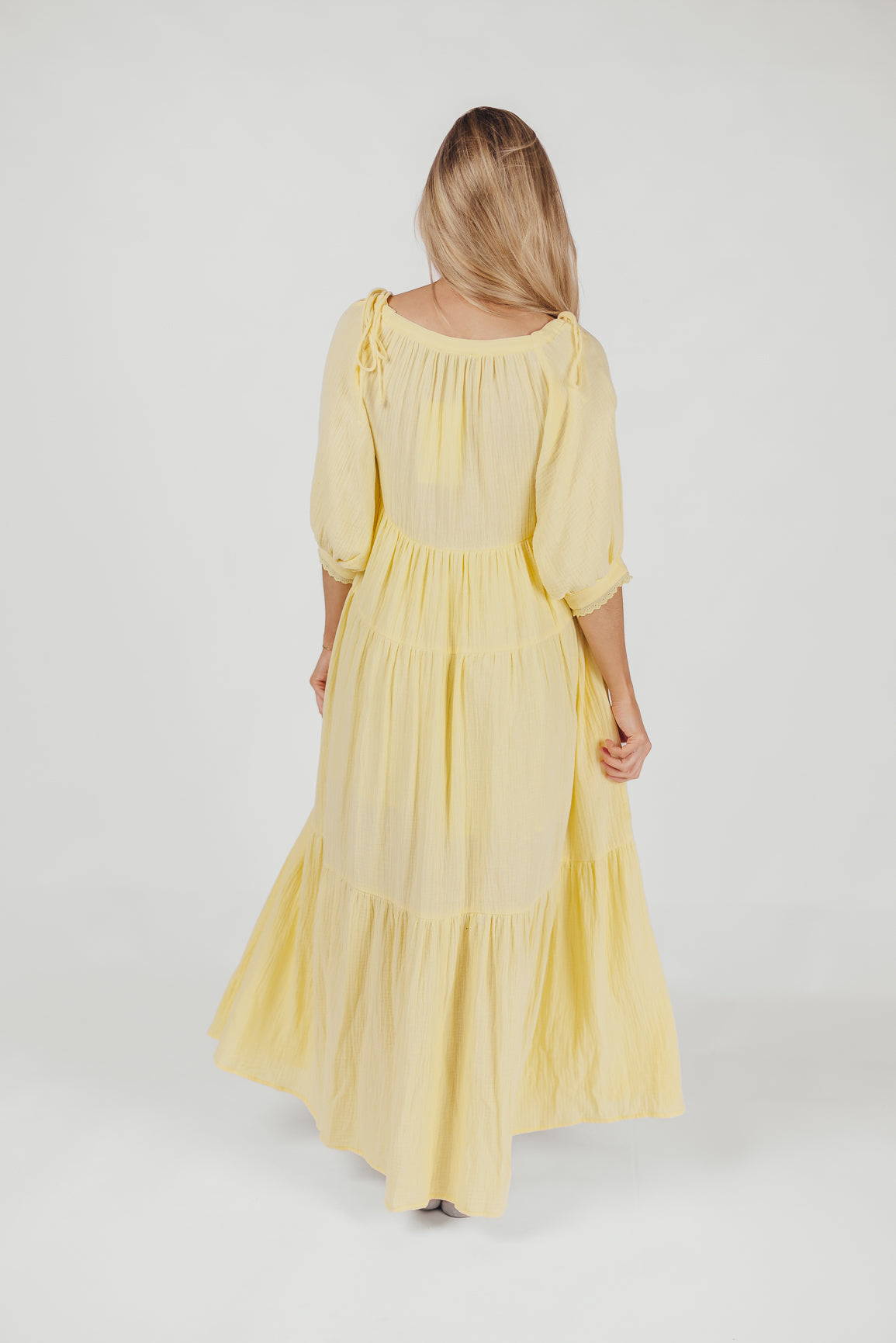 Goddess 100% Cotton Babydoll Maxi Dress in Light Yellow