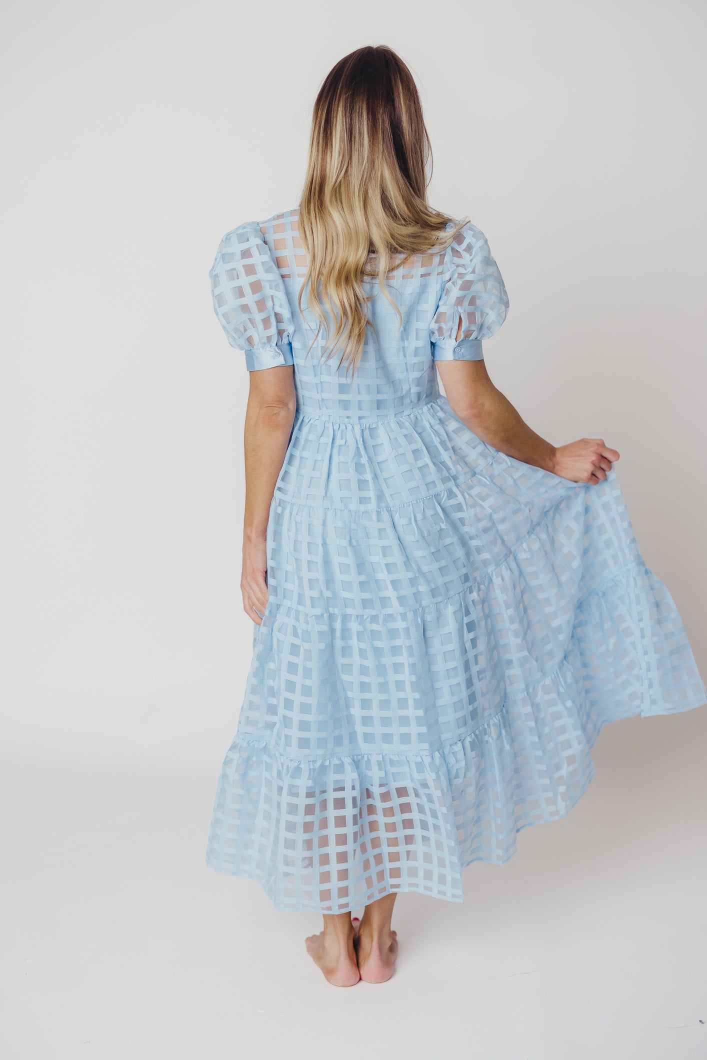 Maude Organza Tiered Maxi Dress with Grid Pattern in Powder Blue