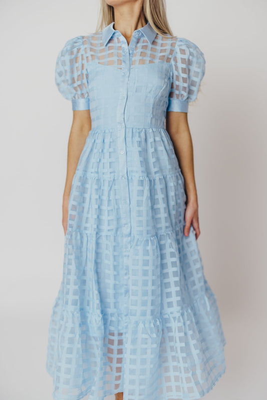 Maude Organza Tiered Maxi Dress with Grid Pattern in Powder Blue