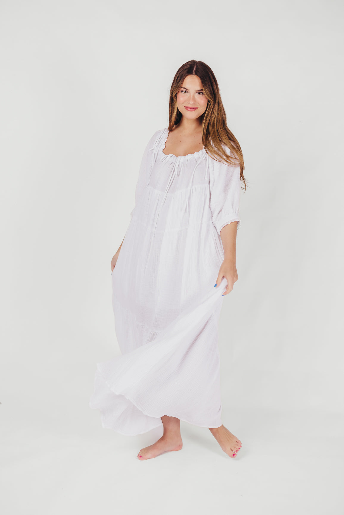 Goddess 100% Cotton Babydoll Maxi Dress in White