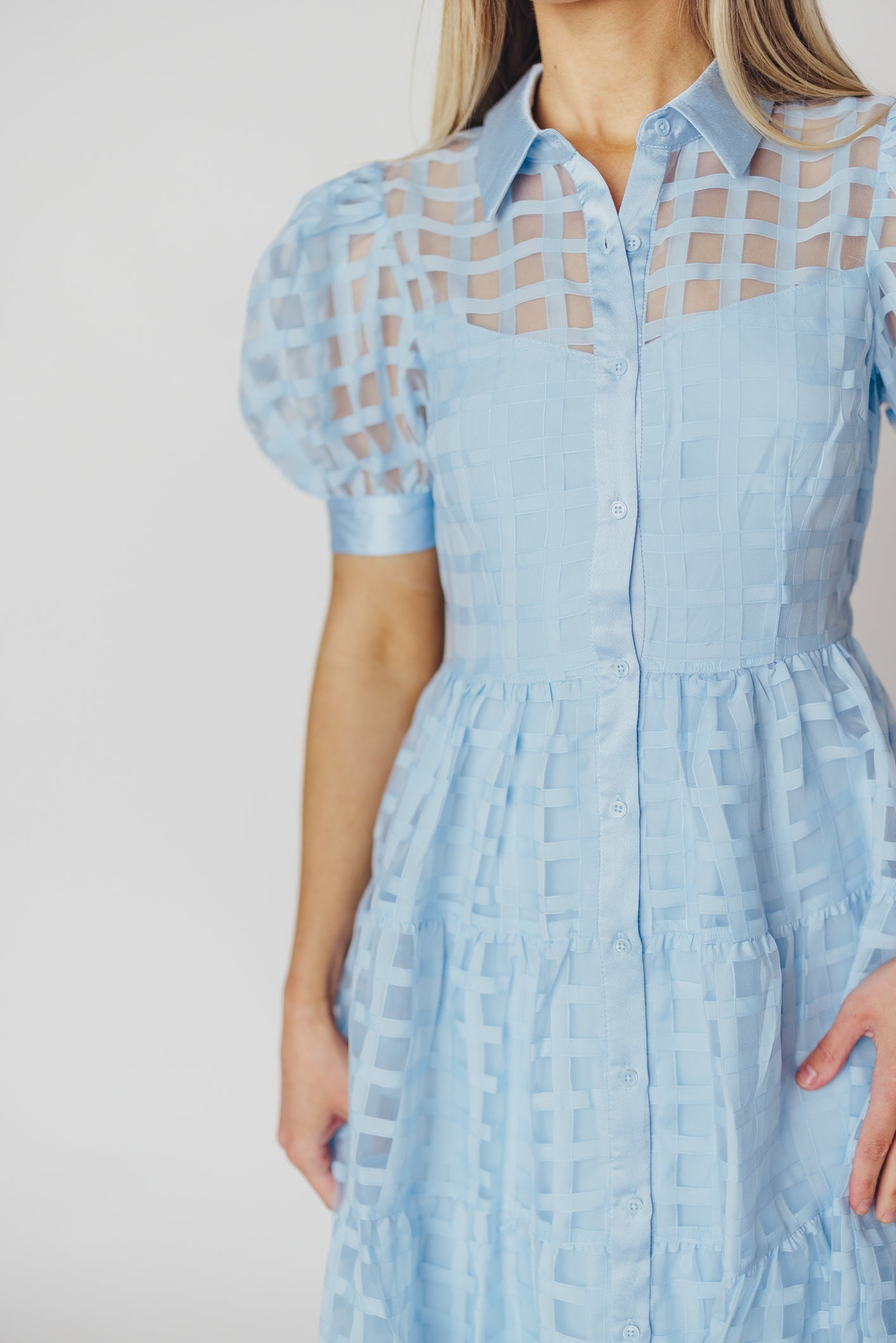 Maude Organza Tiered Maxi Dress with Grid Pattern in Powder Blue