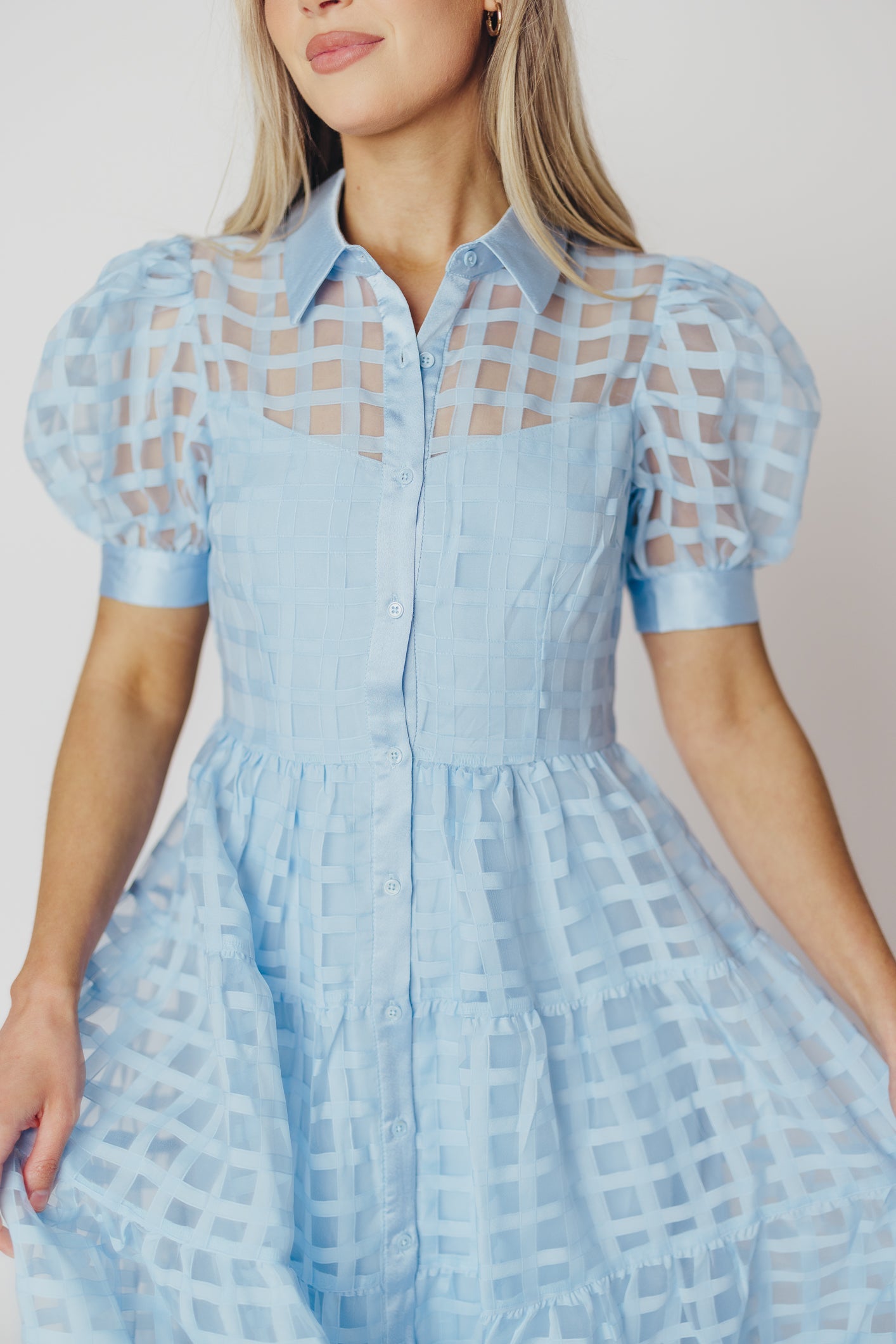 Maude Organza Tiered Maxi Dress with Grid Pattern in Powder Blue