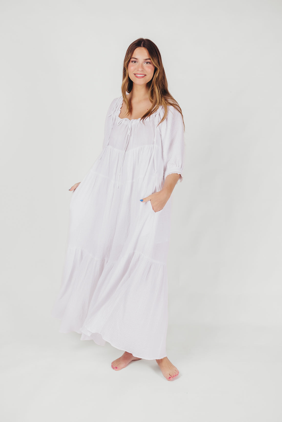 Goddess 100% Cotton Babydoll Maxi Dress in White