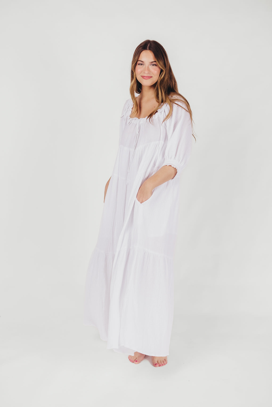 Goddess 100% Cotton Babydoll Maxi Dress in White