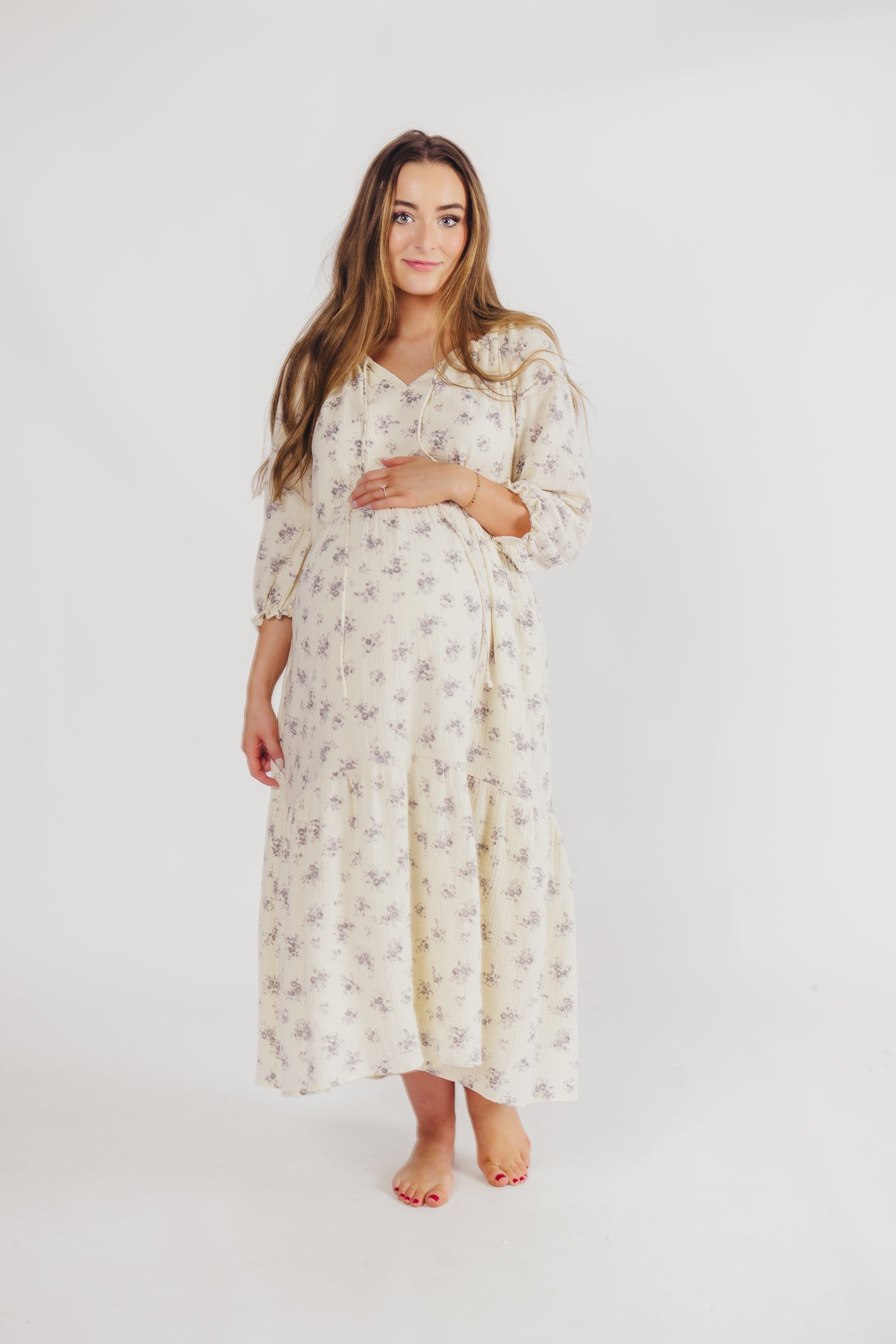 Jenna Tiered Gauze Midi Dress in Ivory Floral - Bump Friendly - Inclusive Sizing (S-3X)