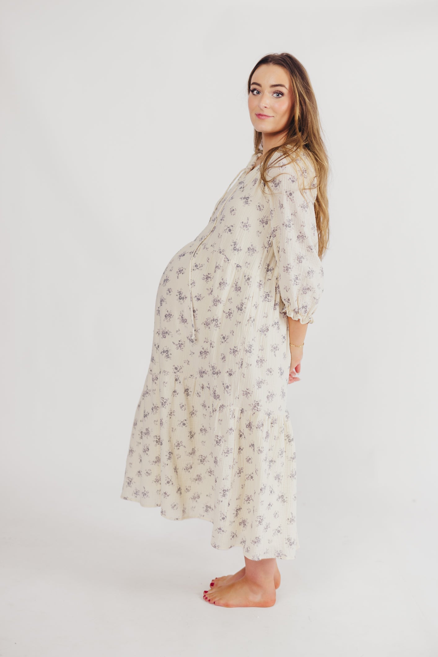 Jenna Tiered Gauze Midi Dress in Ivory Floral - Bump Friendly - Inclusive Sizing (S-3X)