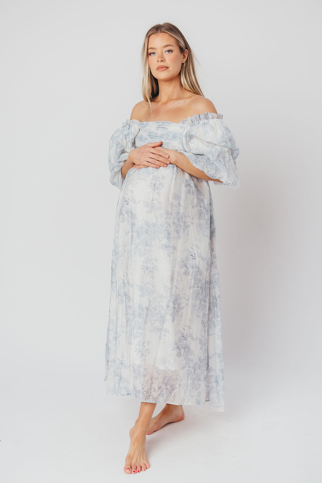 Melody Maxi Dress with Pleats and Bow Detail in Blue Floral - Bump Friendly & Inclusive Sizing (S-3XL) Restocking Early August