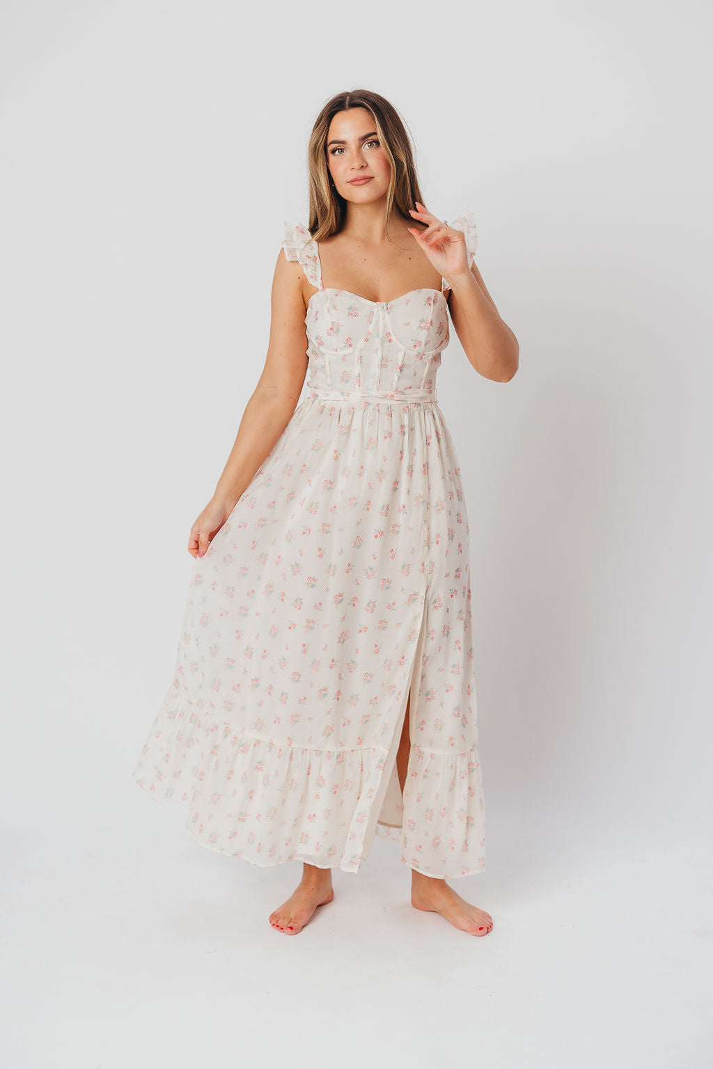 Rosamund Bustier-Style Maxi Dress in Blush Pink Floral - Inclusive Sizing (S-3XL)