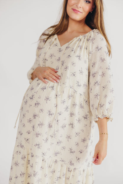 Jenna Tiered Gauze Midi Dress in Ivory Floral - Bump Friendly - Inclusive Sizing (S-3X)