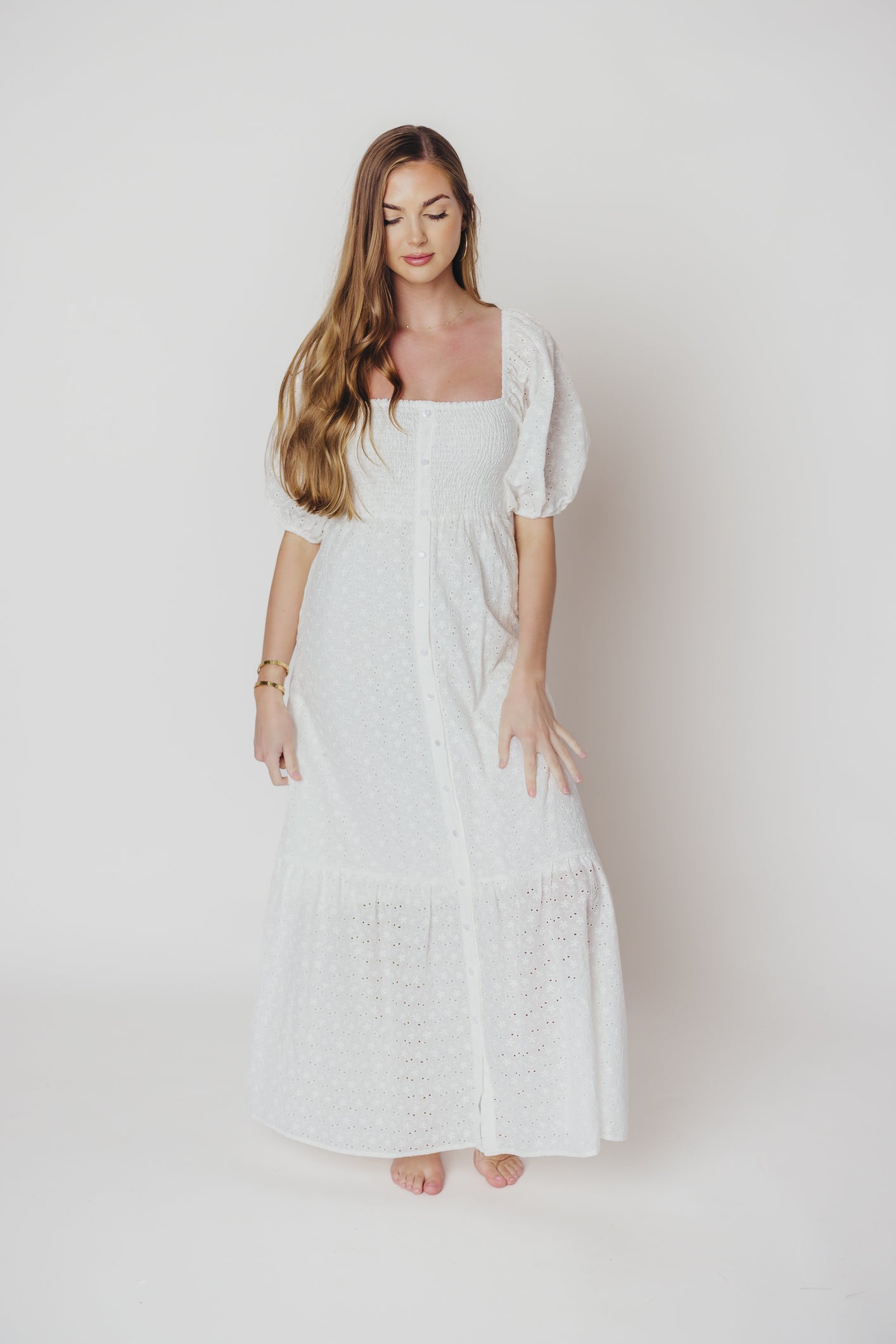 Whitney 100% Cotton Eyelet Maxi Dress in White - Nursing Friendly