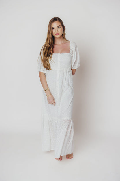 Whitney 100% Cotton Eyelet Maxi Dress in White - Nursing Friendly