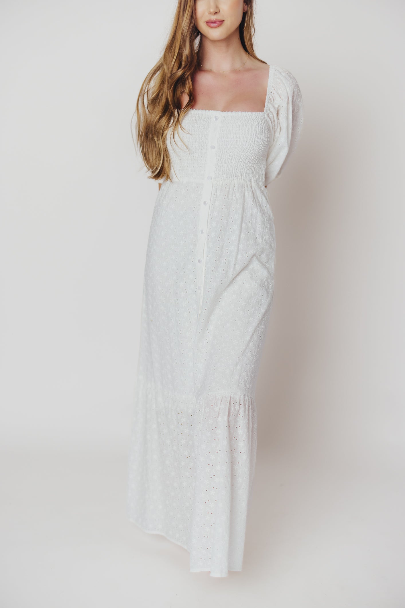 Whitney 100% Cotton Eyelet Maxi Dress in White - Nursing Friendly