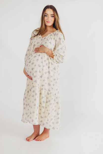 Jenna Tiered Gauze Midi Dress in Ivory Floral - Bump Friendly - Inclusive Sizing (S-3X)