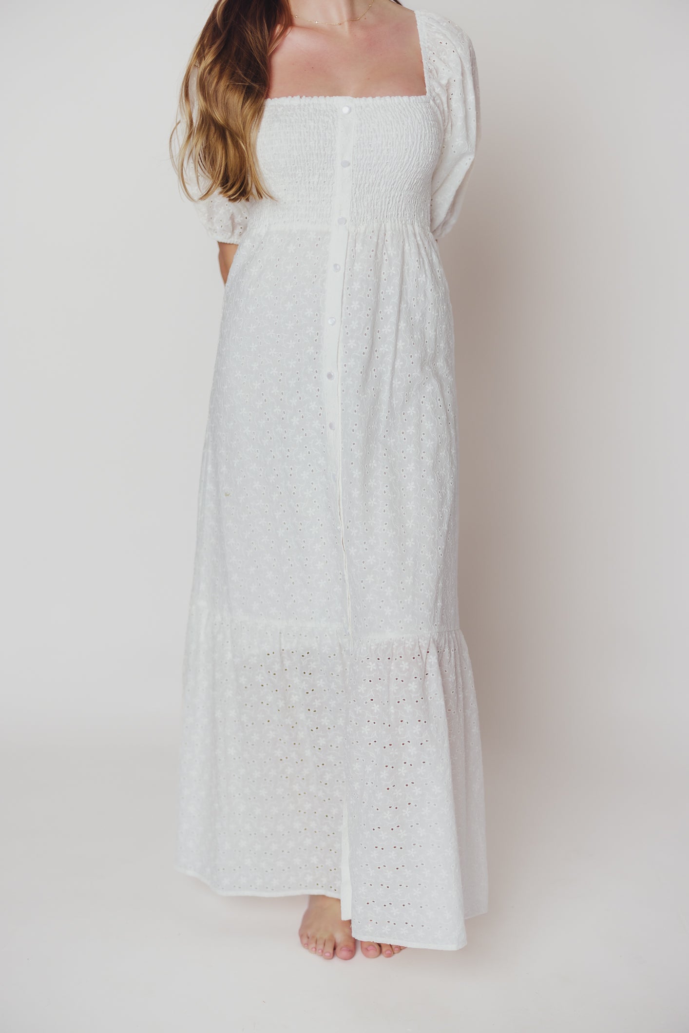 Whitney 100% Cotton Eyelet Maxi Dress in White - Nursing Friendly