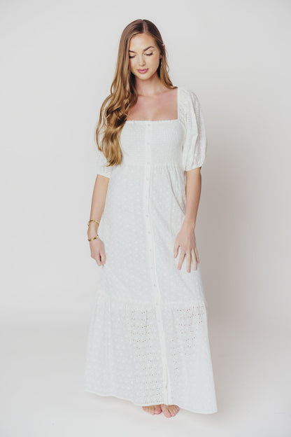 Whitney 100% Cotton Eyelet Maxi Dress in White - Nursing Friendly