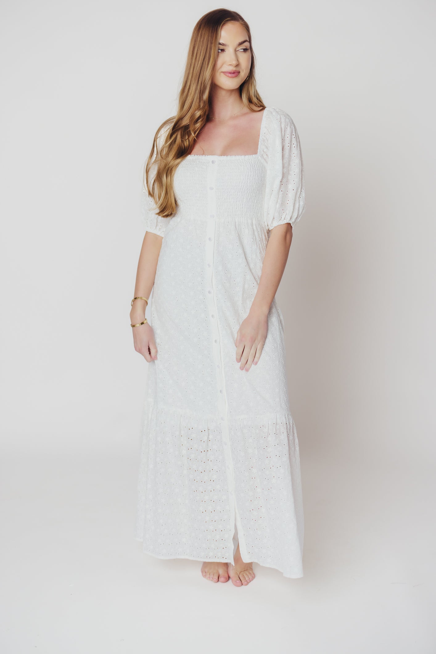 Whitney 100% Cotton Eyelet Maxi Dress in White - Nursing Friendly