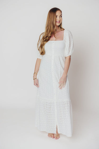 Whitney 100% Cotton Eyelet Maxi Dress in White - Nursing Friendly