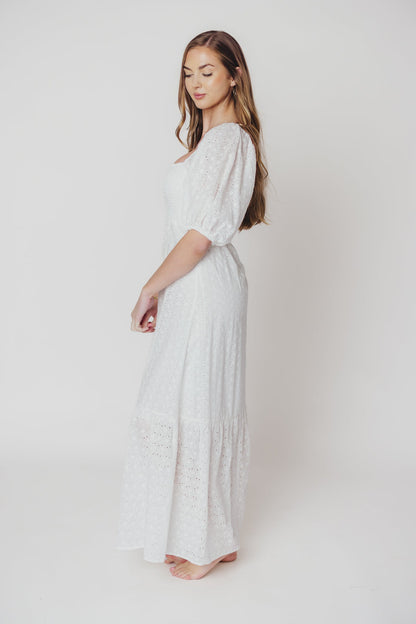 Whitney 100% Cotton Eyelet Maxi Dress in White - Nursing Friendly