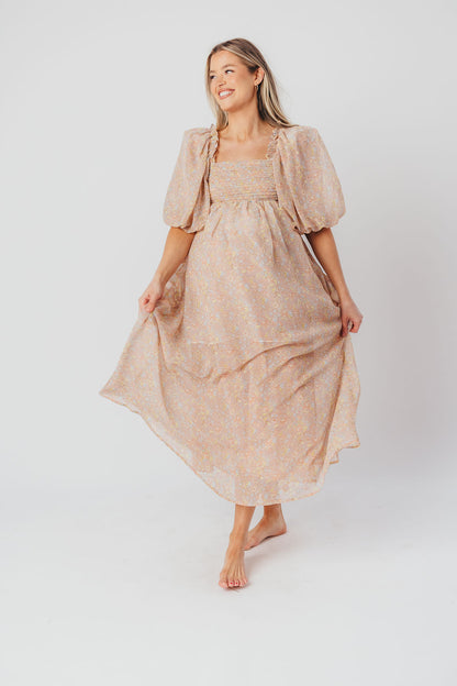 Melody Maxi Dress with Pleats and Bow Detail in Mauve Floral - Bump Friendly & Inclusive Sizing (S-3XL)