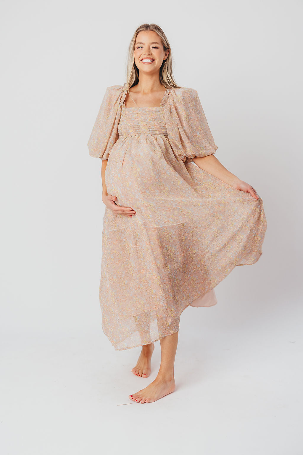 Melody Maxi Dress with Pleats and Bow Detail in Mauve Floral - Bump Friendly & Inclusive Sizing (S-3XL)