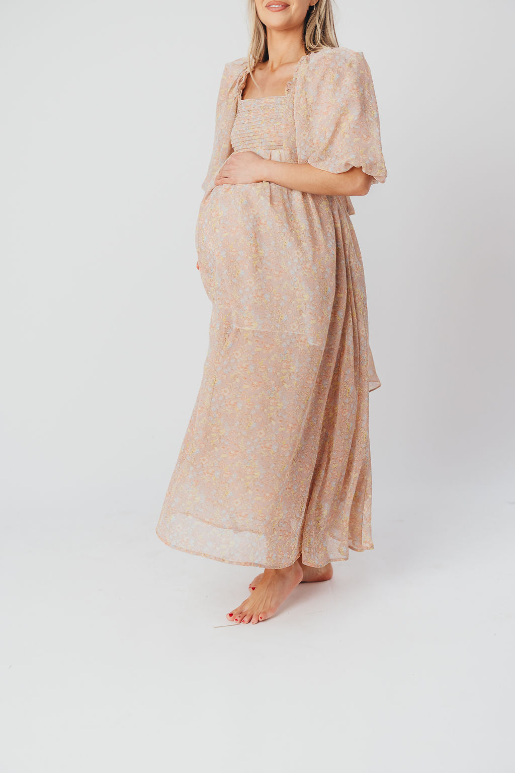 Melody Maxi Dress with Pleats and Bow Detail in Mauve Floral - Bump Friendly & Inclusive Sizing (S-3XL)