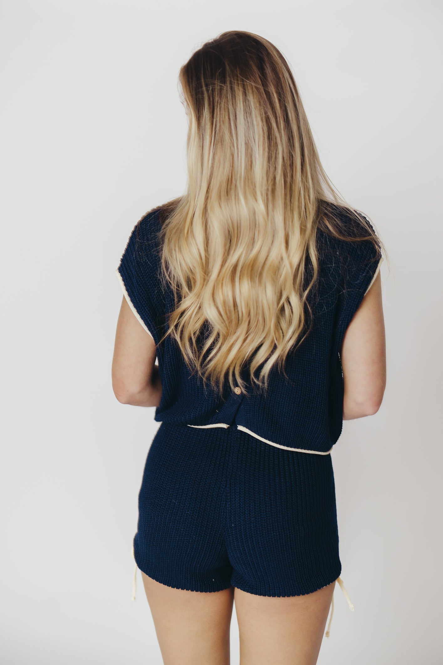 Yvonne Ruched Knit Top and Shorts Set with Contrast Detail in Navy/Ivory