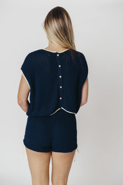 Yvonne Ruched Knit Top and Shorts Set with Contrast Detail in Navy/Ivory