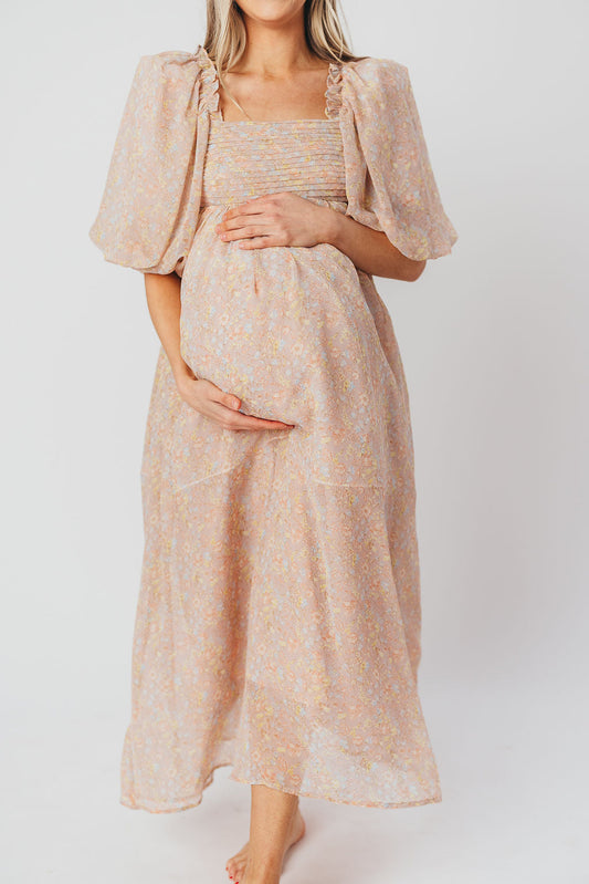 Melody Maxi Dress with Pleats and Bow Detail in Mauve Floral - Bump Friendly & Inclusive Sizing (S-3XL)