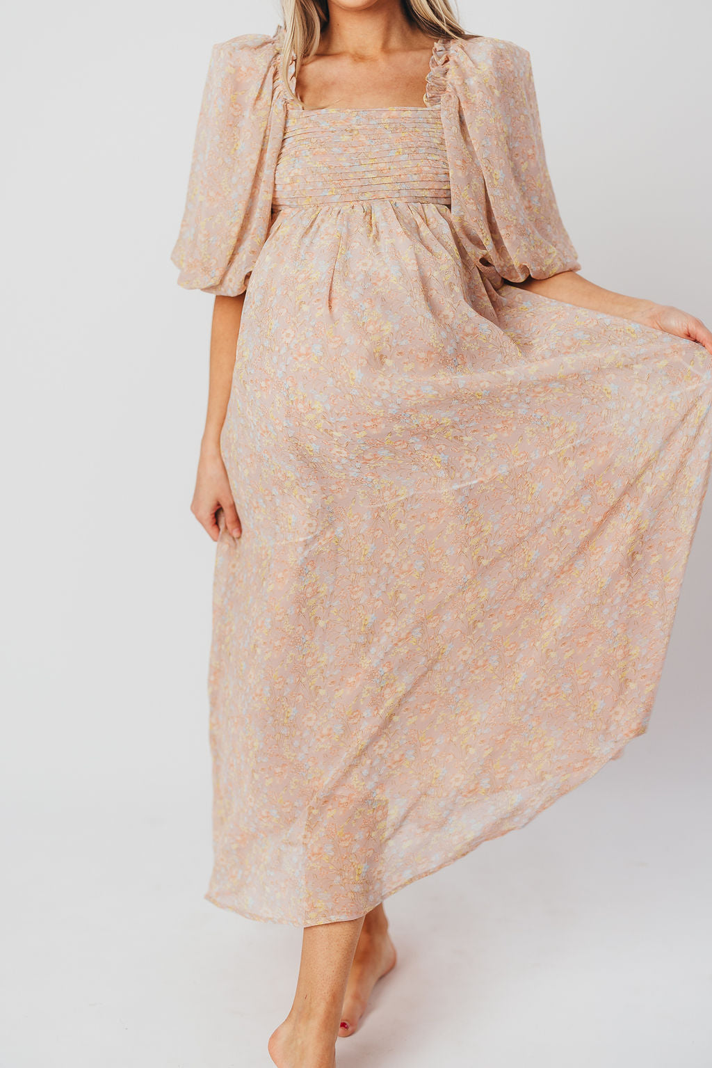 Melody Maxi Dress with Pleats and Bow Detail in Mauve Floral - Bump Friendly & Inclusive Sizing (S-3XL)